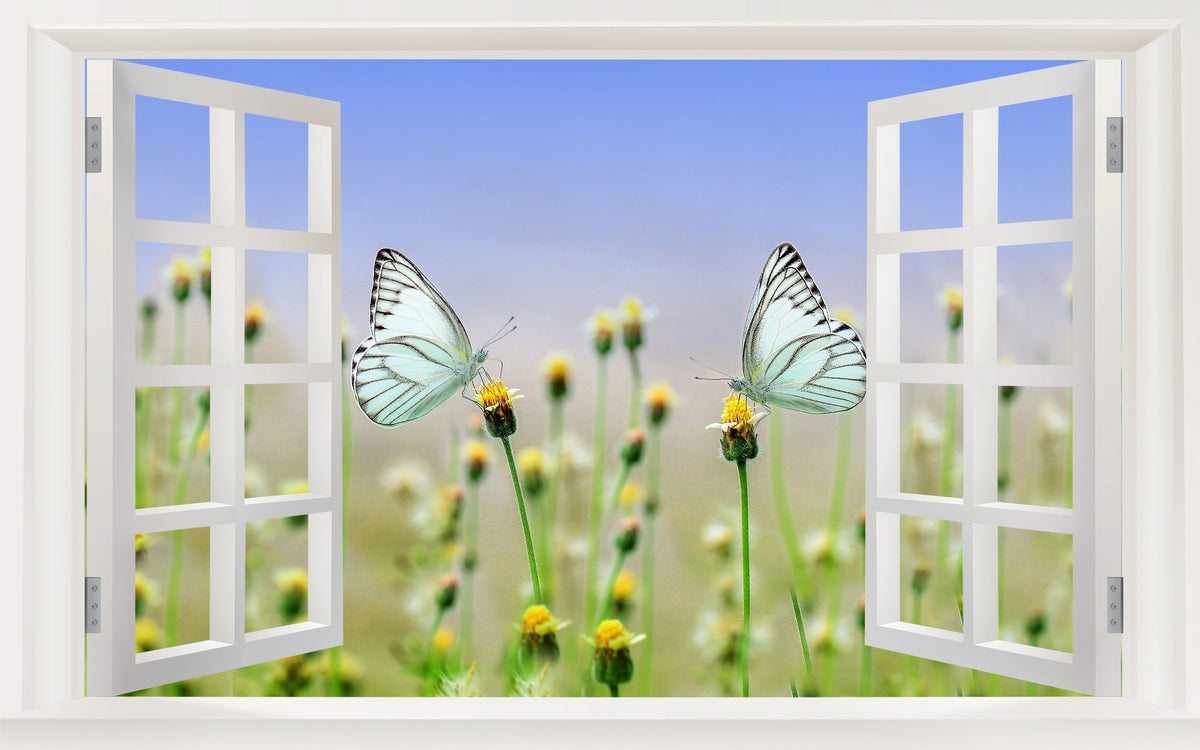 Picniva Butterflies Flower Meadow 3D Window Wall Mural Decal, 22 x 14 in