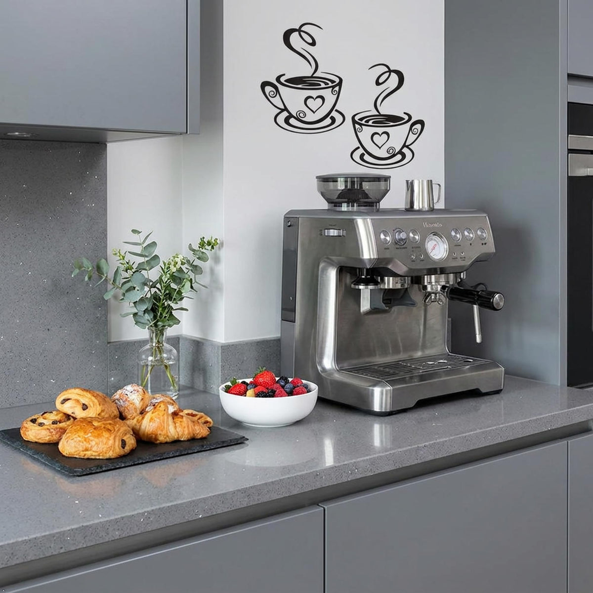 Decaltor Dual Coffee Cup Vinyl Wall Decal, Black, 12 x 7 in, Home Decor