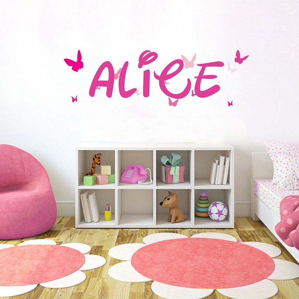 Picniva Custom Baby Name Wall Decal, Pink Butterfly, Font Two