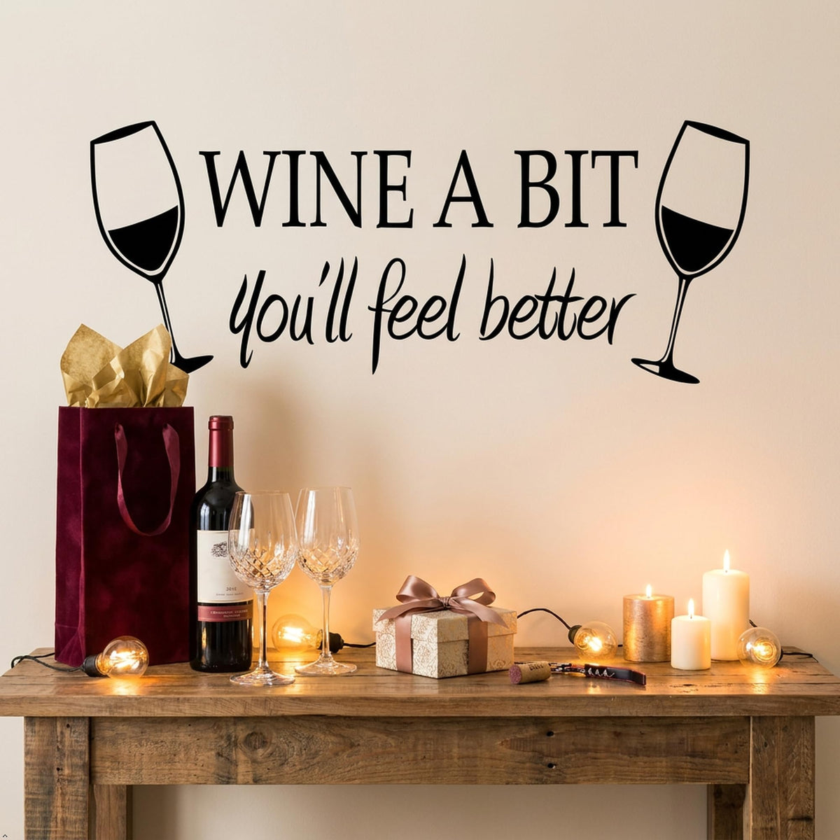 Picniva Wine a Bit You'll Feel Better Vinyl Wall Decal, Black, 22 x 9 in
