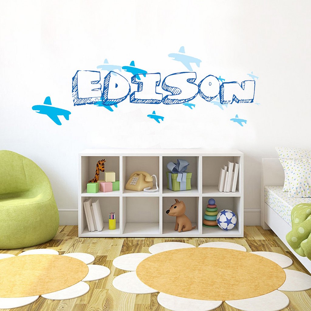 Picniva Custom Baby Name Wall Decal, Blue Airplane, Font One