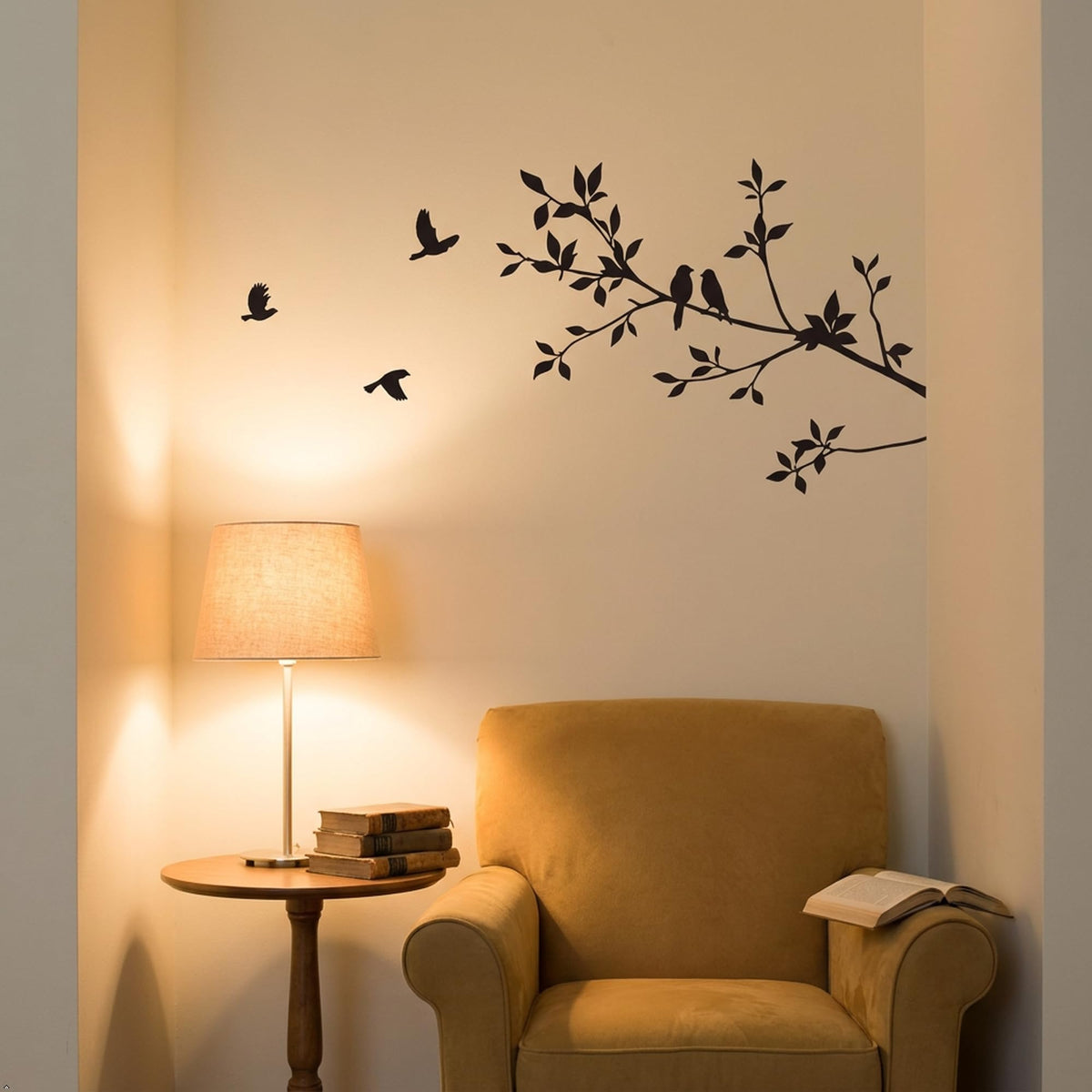 Picniva Flying Birds Tree Branch Vinyl Wall Decal, Black, 9 x 22 in