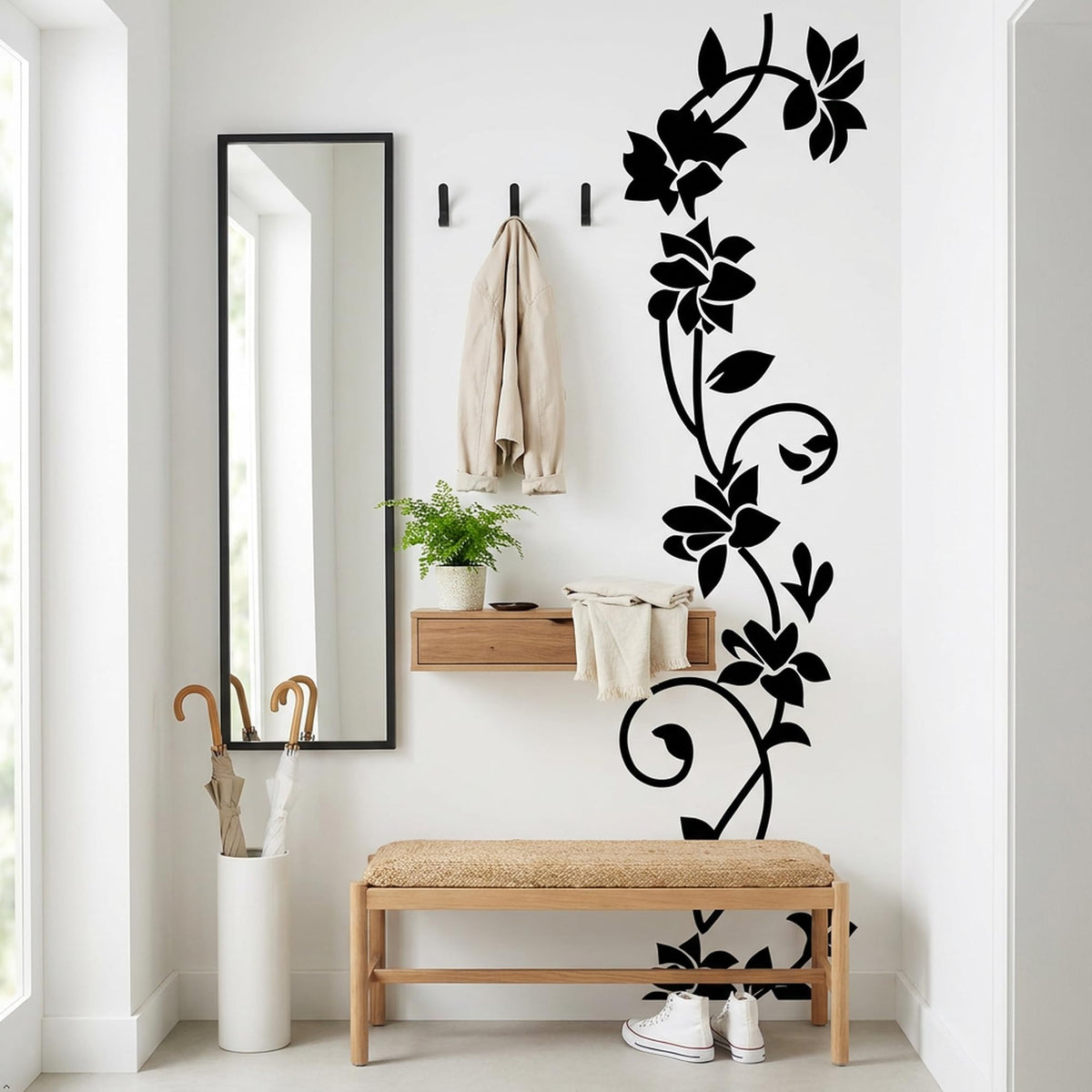 Rattan Flower Vine Wall Decal, Black, 12 x 41 in