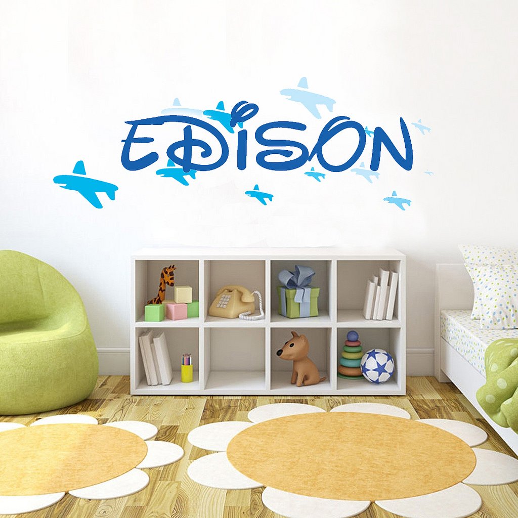 Picniva Custom Baby Name Wall Decal, Blue Airplane, Font Two