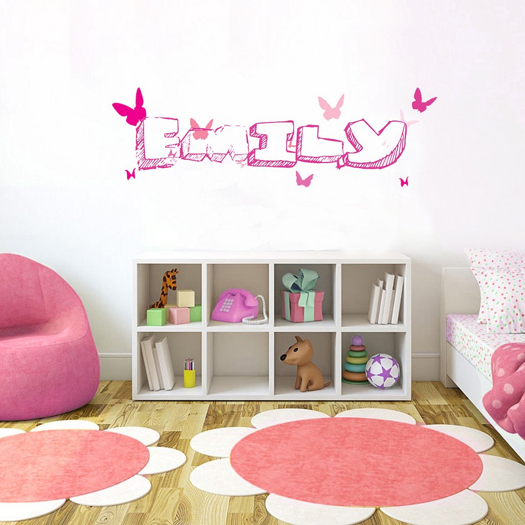 Picniva Custom Baby Name Wall Decal, Pink Butterfly, Font One