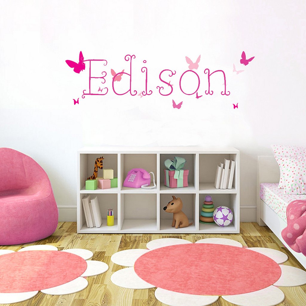 Picniva Custom Baby Name Wall Decal, Pink Butterfly, Font Five