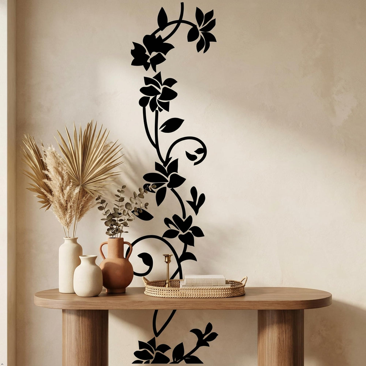 Rattan Flower Vine Wall Decal, Black, 12 x 41 in