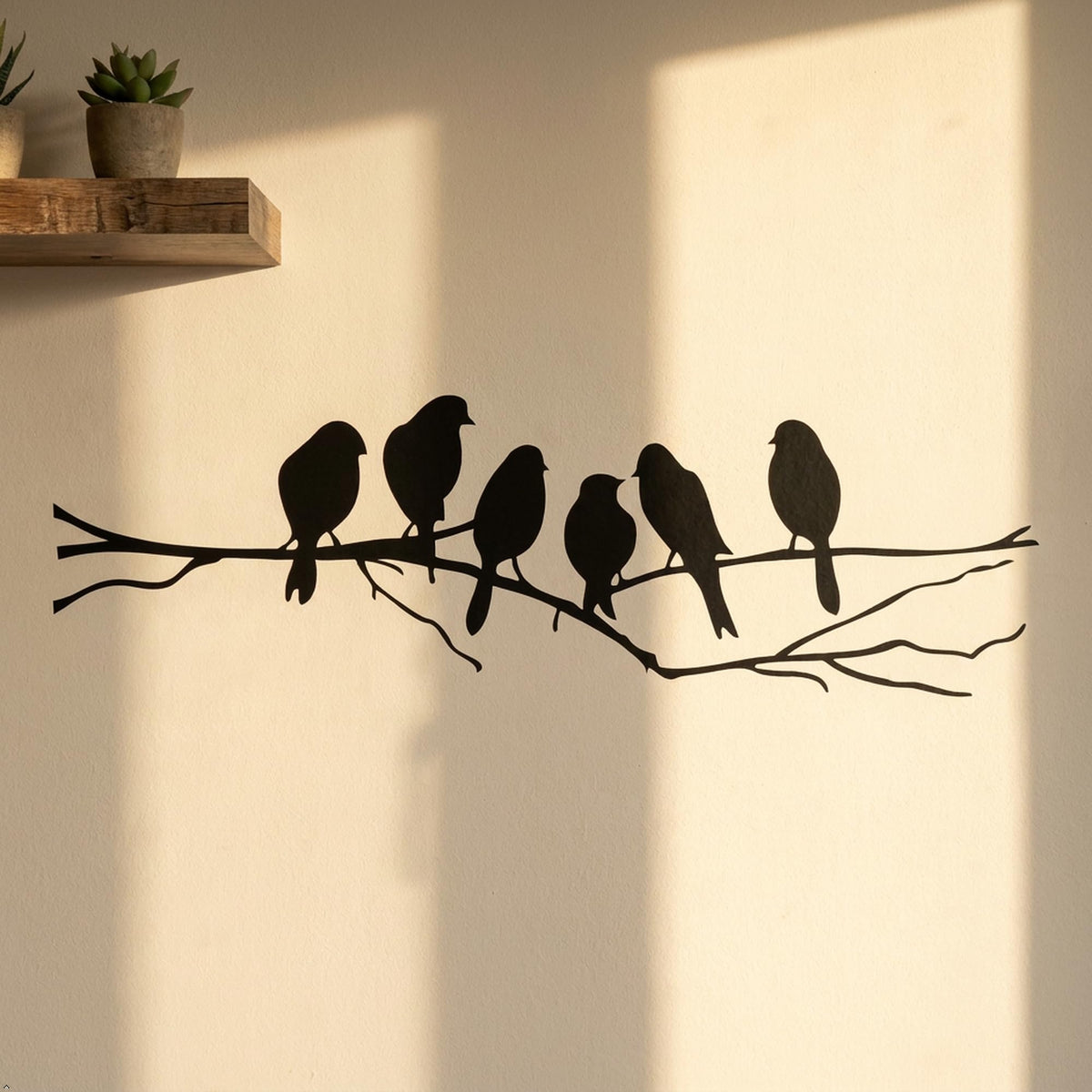 Picniva Six Birds on Tree Branch Vinyl Wall Decal, Black, 22 x 7 in