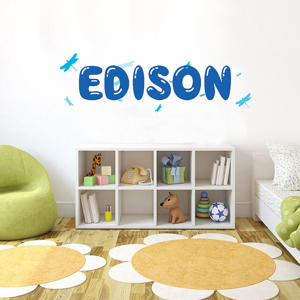 Picniva Custom Baby Name Wall Decal, Blue Dragonfly, Font Three