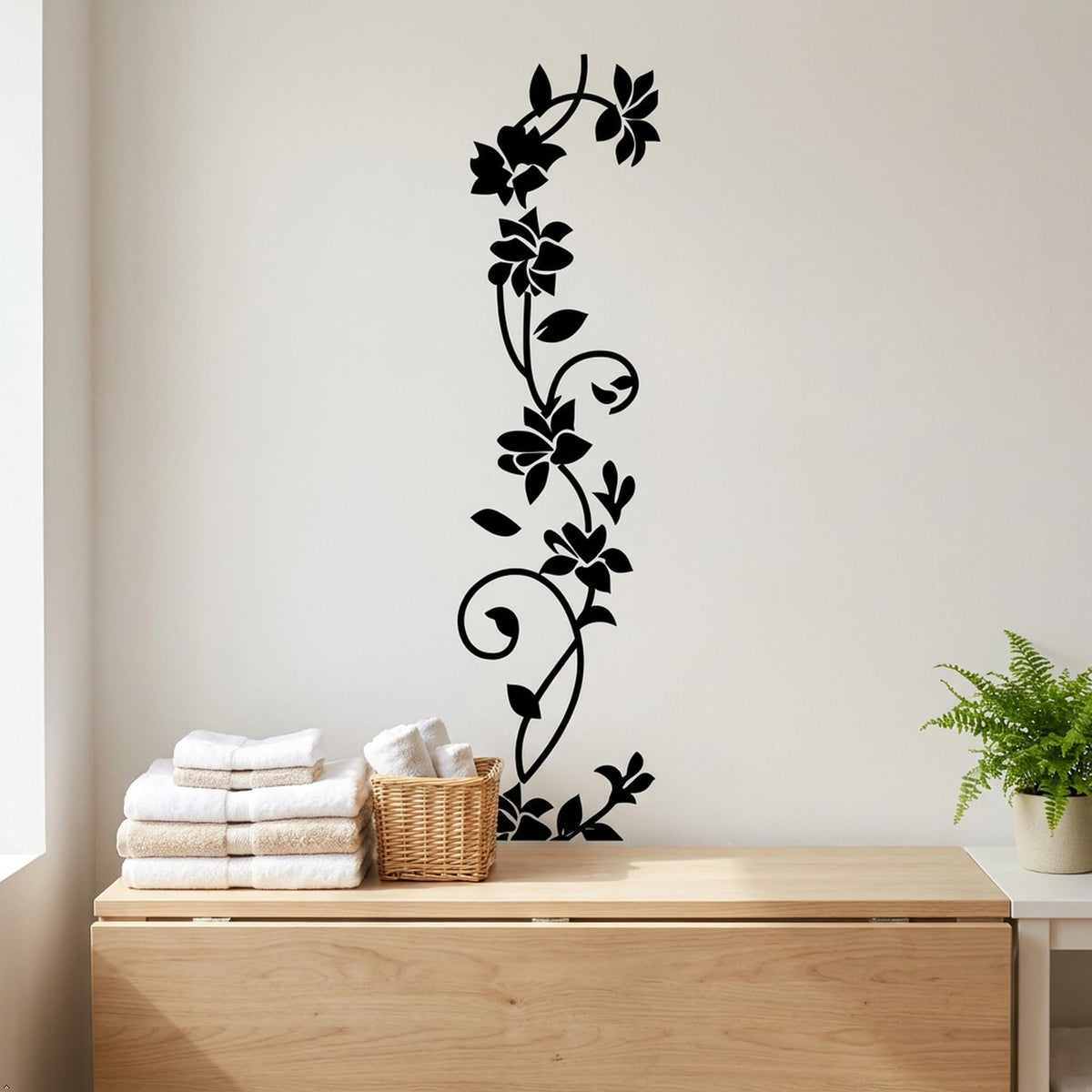 Rattan Flower Vine Wall Decal, Black, 12 x 41 in