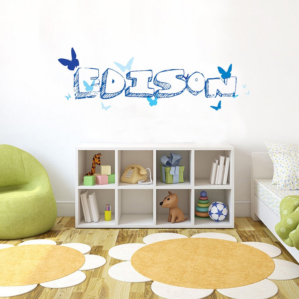 Picniva Custom Baby Name Wall Decal, Blue Butterfly, Font One