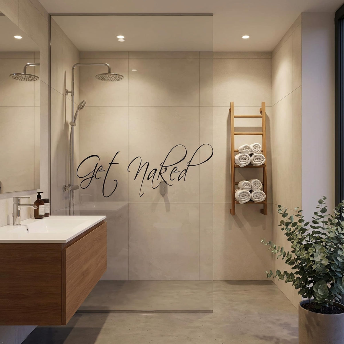 Picniva Get Naked Vinyl Bathroom Wall Decal, Black, 10 x 34 in