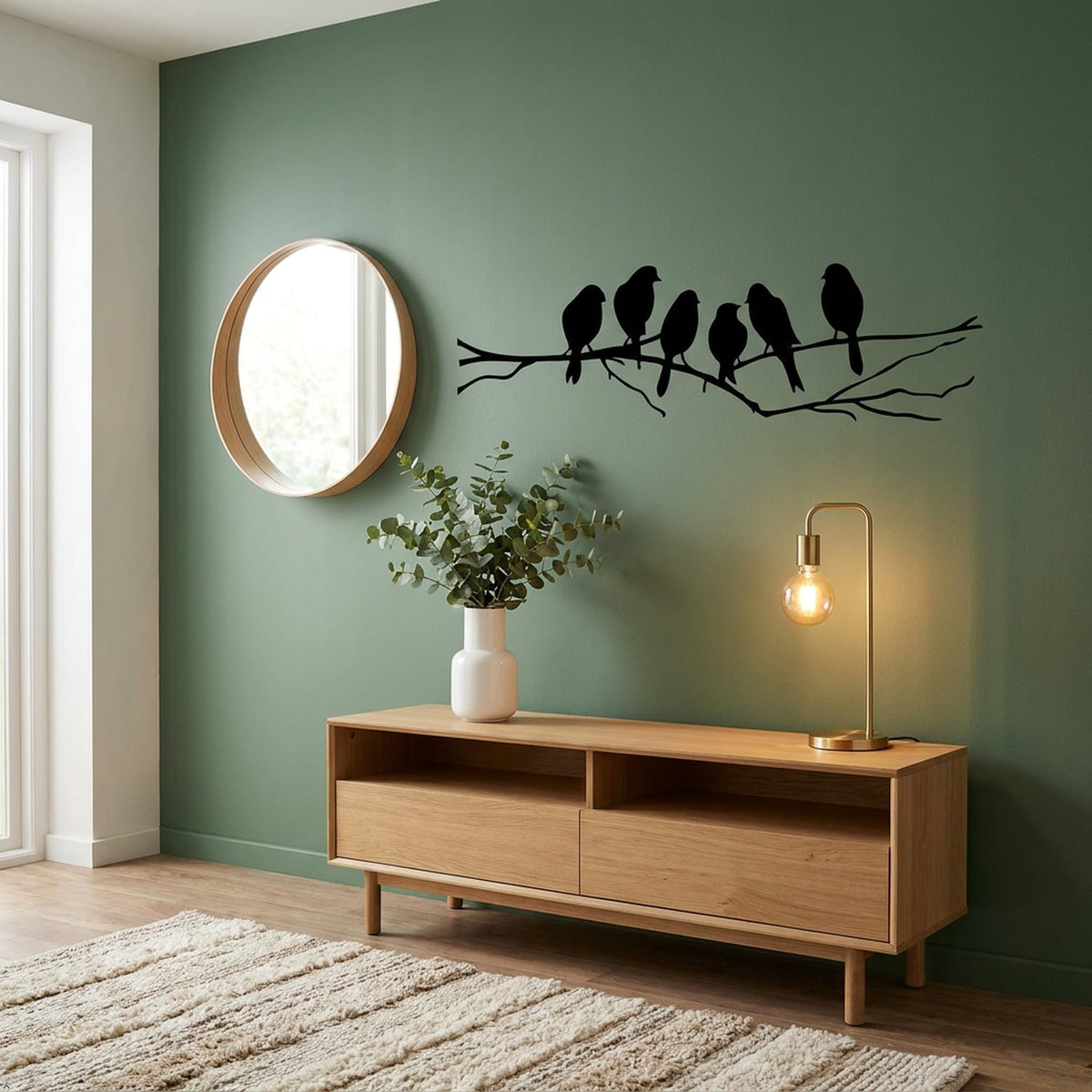 Picniva Six Birds on Tree Branch Vinyl Wall Decal, Black, 22 x 7 in