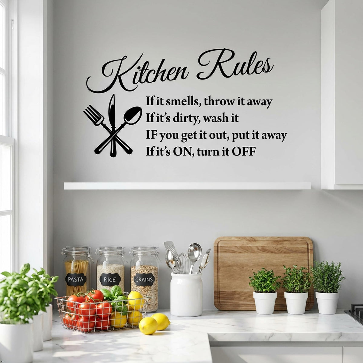 Picniva White 26x16 Kitchen Rules Vinyl Wall Decal Dining Quote Decor