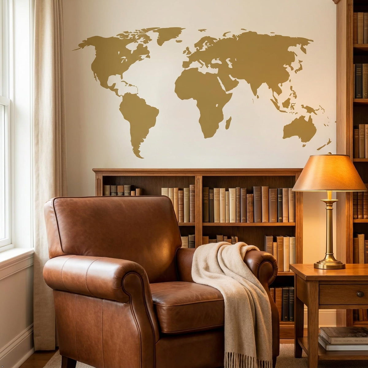 Picniva Gold World Map Wall Decal 10x22" Peel & Stick Vinyl Travel Décor