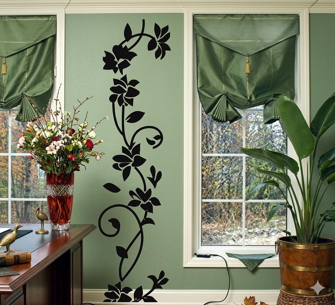 Rattan Flower Vine Wall Decal, Black, 12 x 41 in