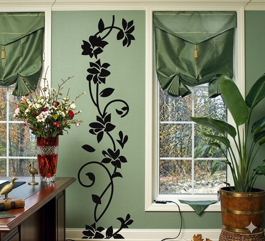 Rattan Flower Vine Wall Decal, Black, 12 x 41 in