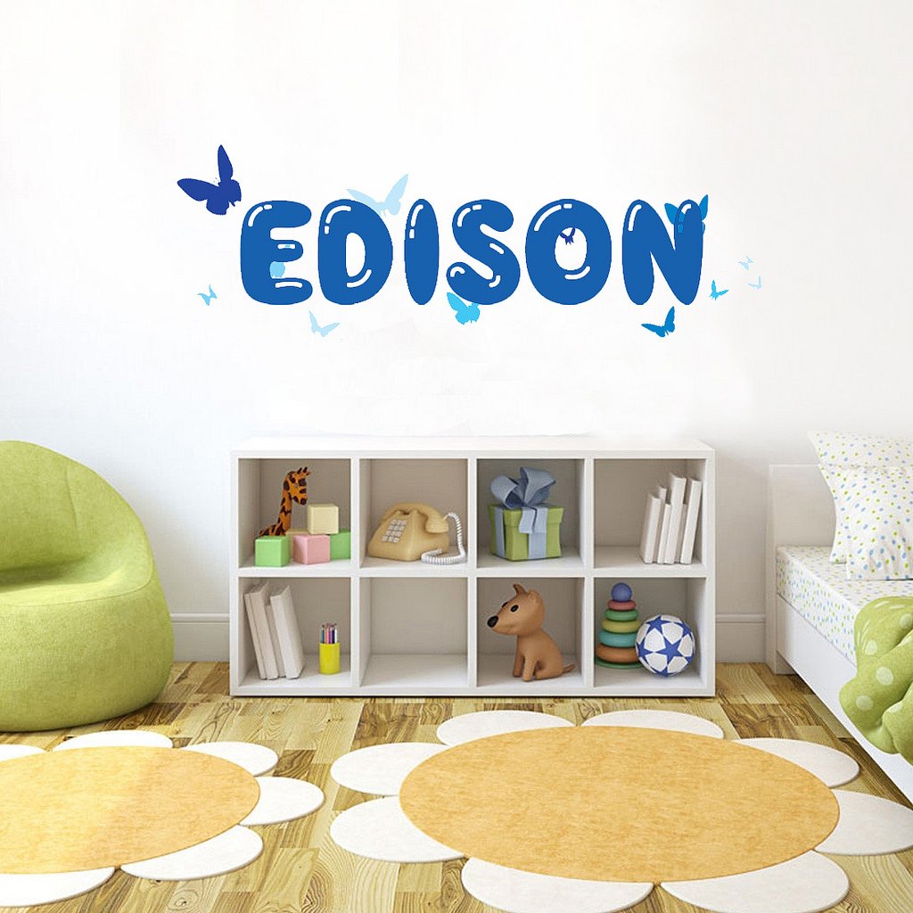 Picniva Custom Baby Name Wall Decal, Blue Butterfly, Font Three
