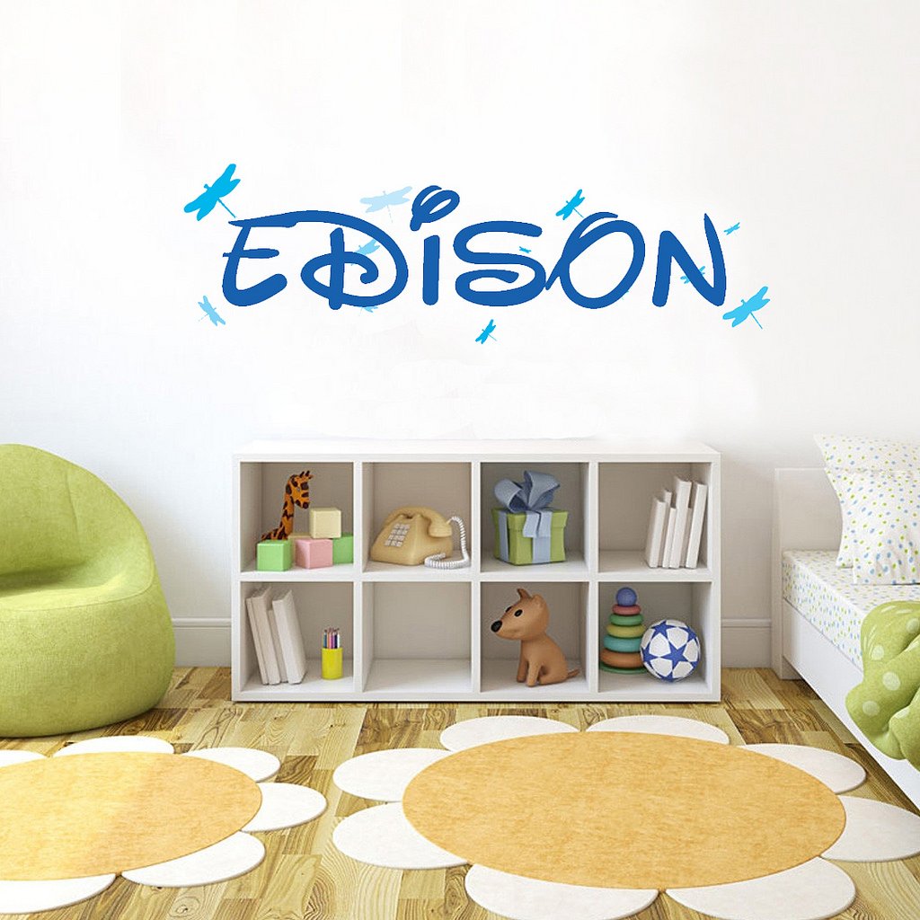 Picniva Custom Baby Name Wall Decal, Blue Dragonfly, Font Two
