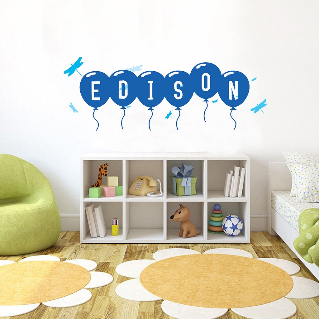 Picniva Custom Baby Name Wall Decal, Blue Dragonfly, Font Four