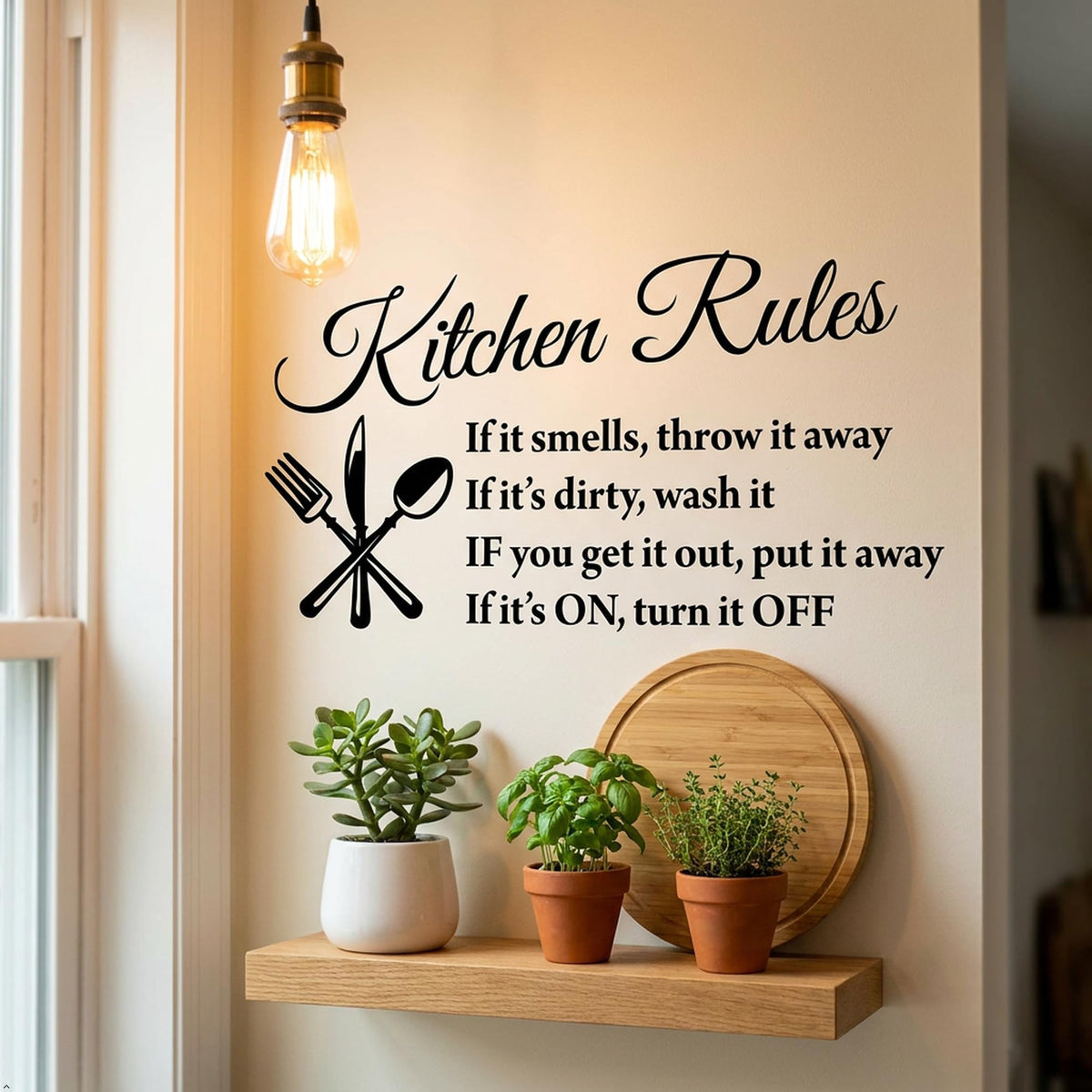 Picniva White 26x16 Kitchen Rules Vinyl Wall Decal Dining Quote Decor