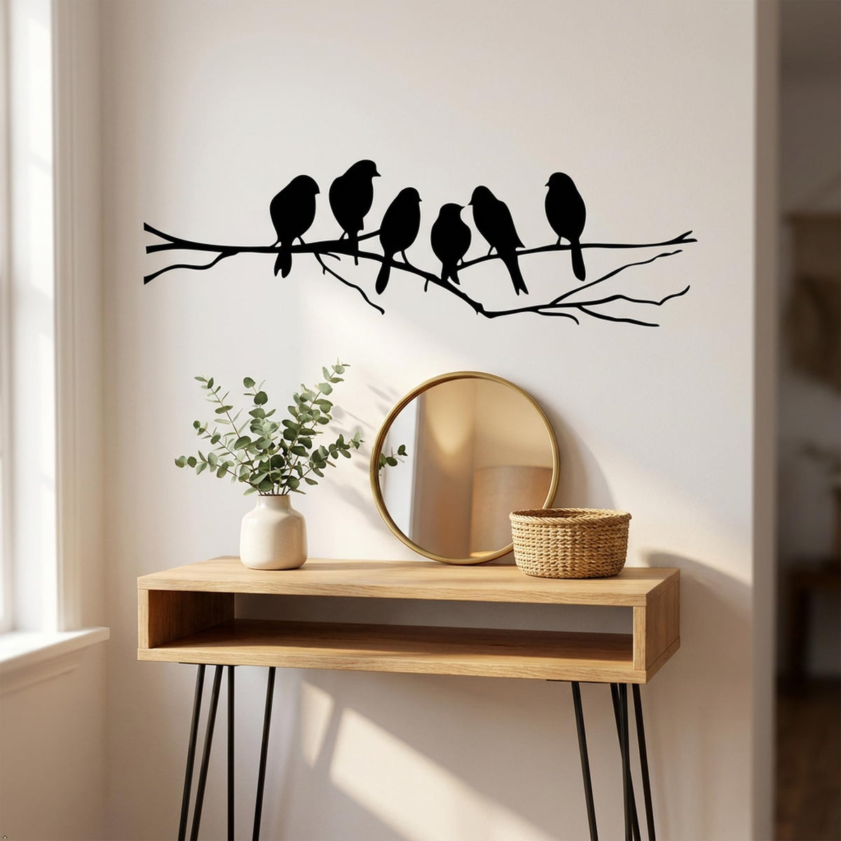 Picniva Six Birds on Tree Branch Vinyl Wall Decal, Black, 22 x 7 in