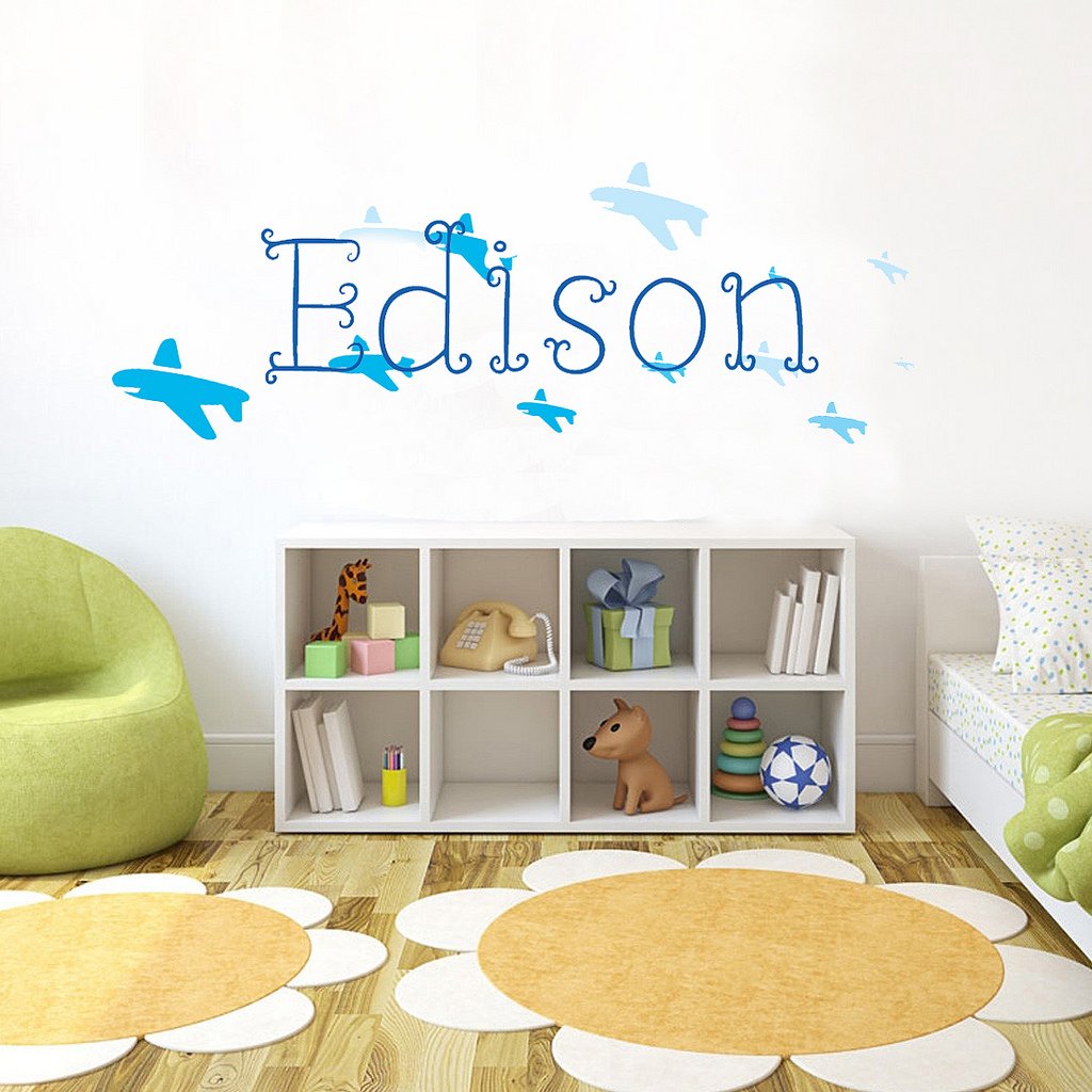 Picniva Custom Baby Name Wall Decal, Blue Airplane, Font Five