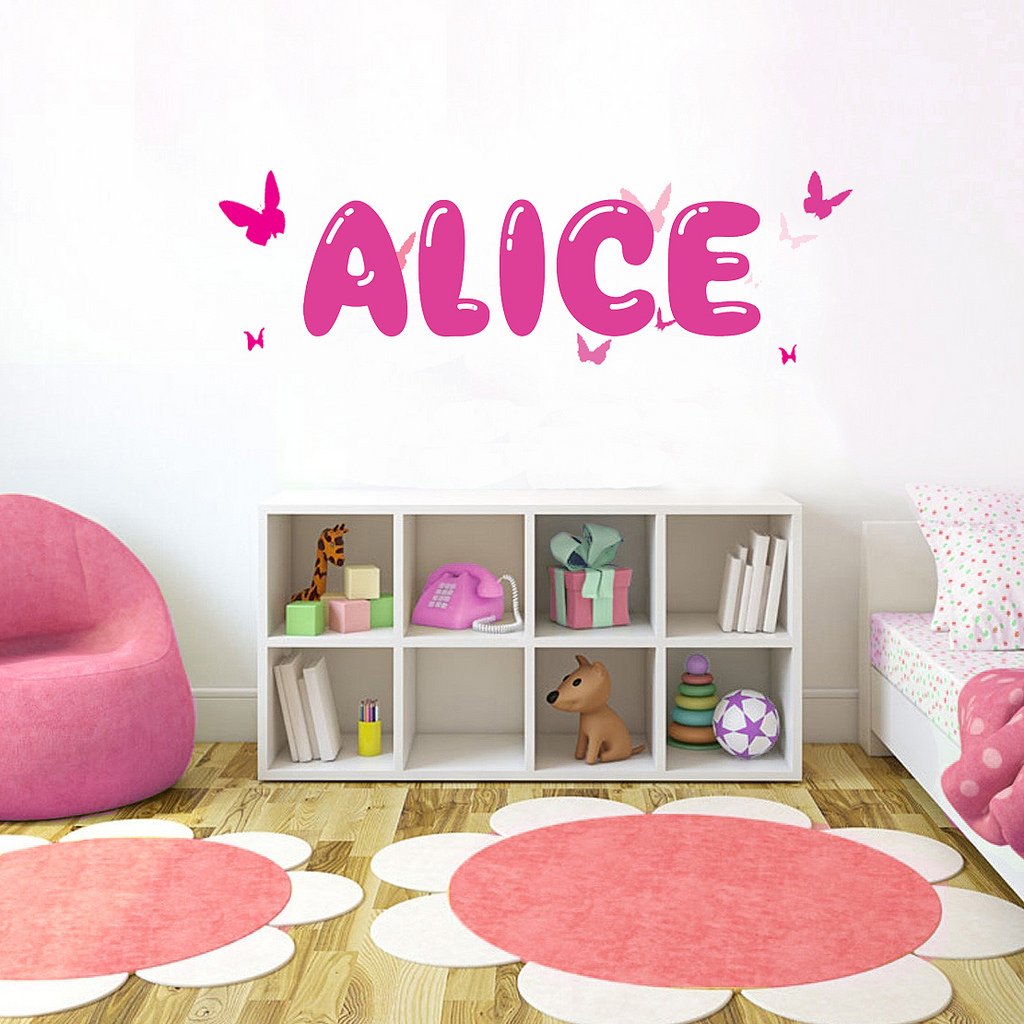 Picniva Custom Baby Name Wall Decal, Pink Butterfly, Font Three