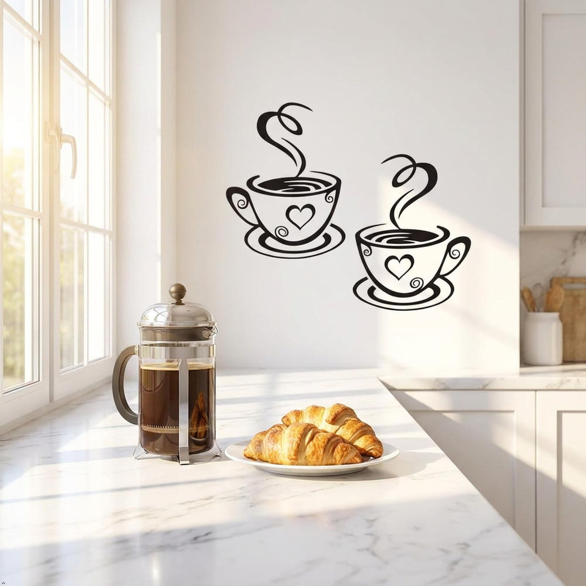 Decaltor Dual Coffee Cup Vinyl Wall Decal, Black, 12 x 7 in, Home Decor