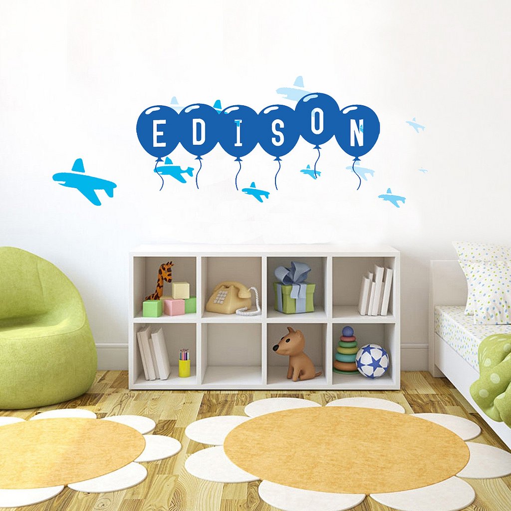 Picniva Custom Baby Name Wall Decal, Blue Airplane, Font Four