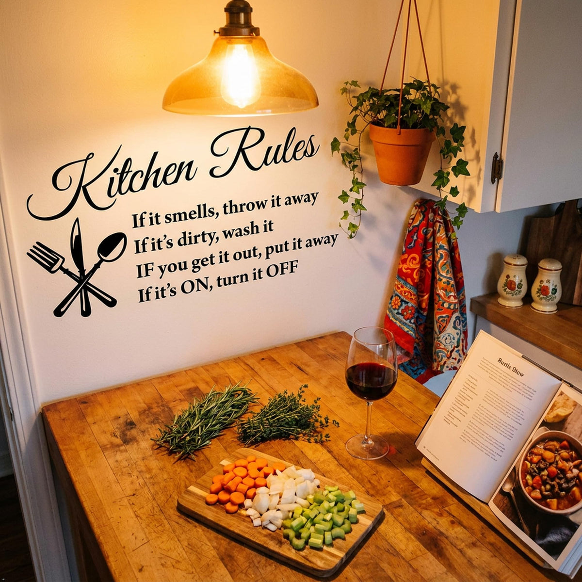 Picniva White 26x16 Kitchen Rules Vinyl Wall Decal Dining Quote Decor