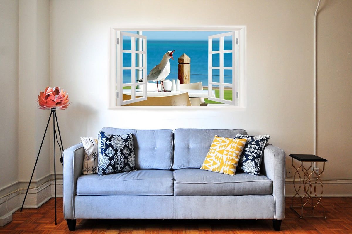 Picniva Seagull Coastal Cafe 3D Faux Window Wall Mural Decal, 22 x 14 in