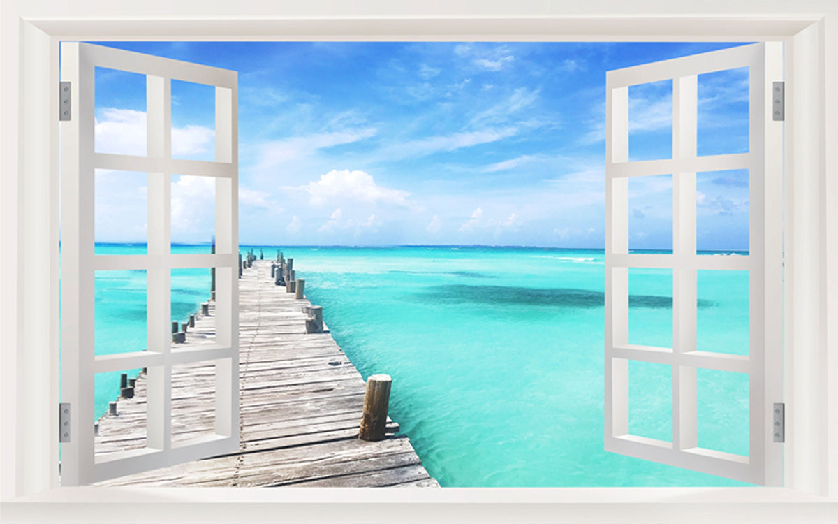 Picniva Cancun Ocean Pier 3D Faux Window Wall Mural Decal, 22 x 14 in