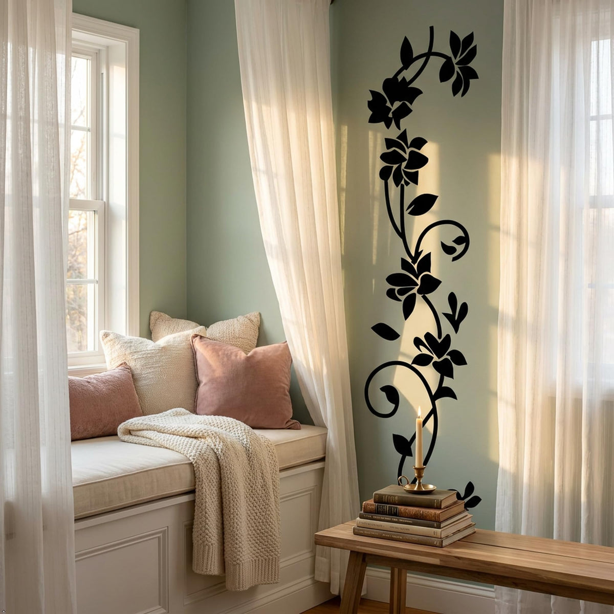 Rattan Flower Vine Wall Decal, Black, 12 x 41 in