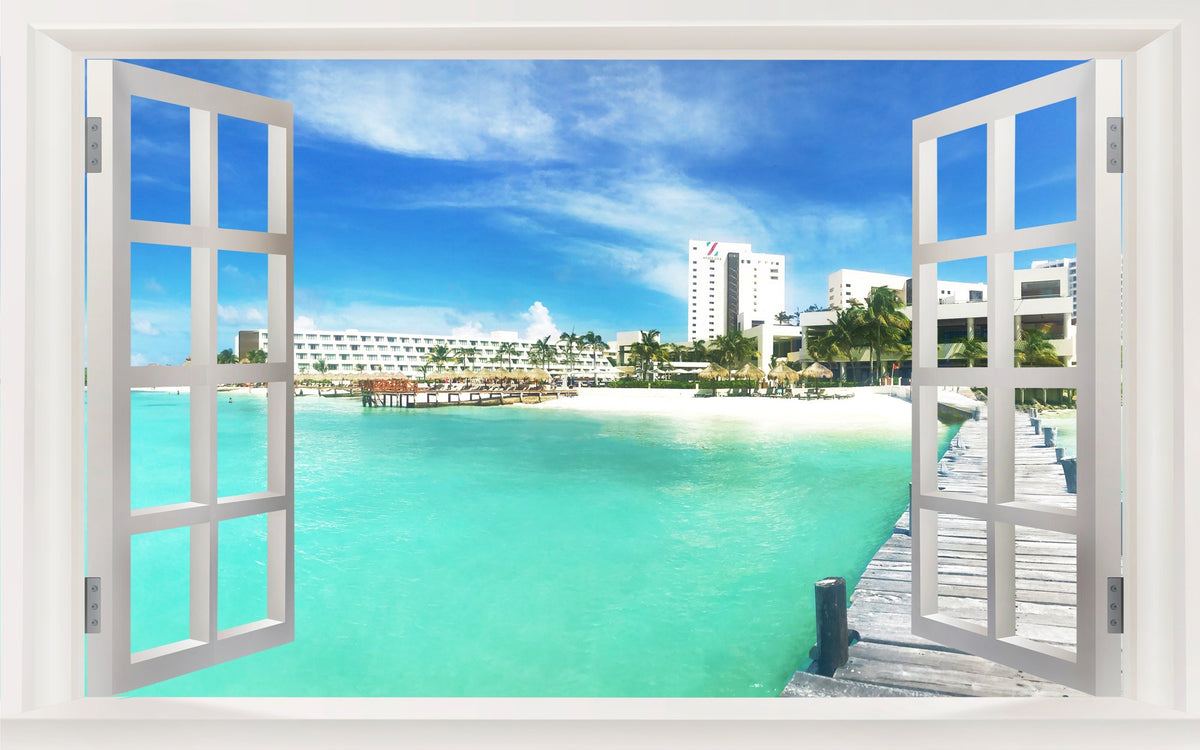 Picniva Cancun Resort 3D Faux Window Wall Mural Decal, 22 x 14 in