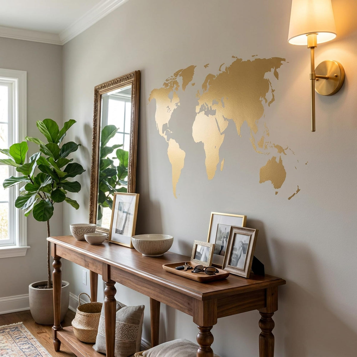 Picniva Gold World Map Wall Decal 10x22" Peel & Stick Vinyl Travel Décor