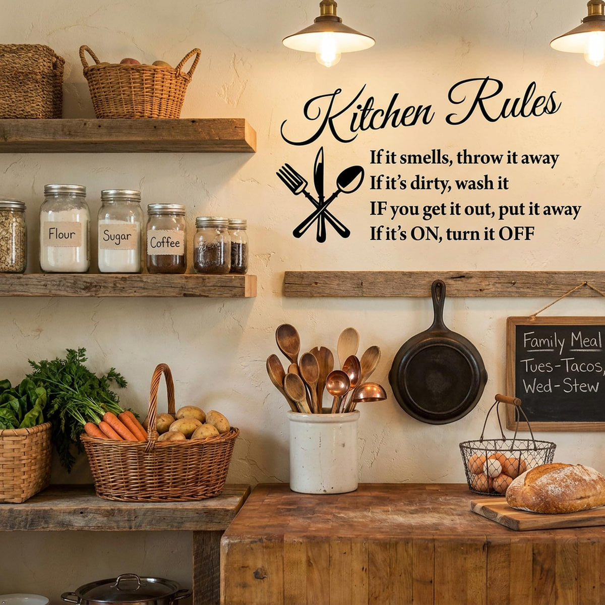 Picniva White 26x16 Kitchen Rules Vinyl Wall Decal Dining Quote Decor
