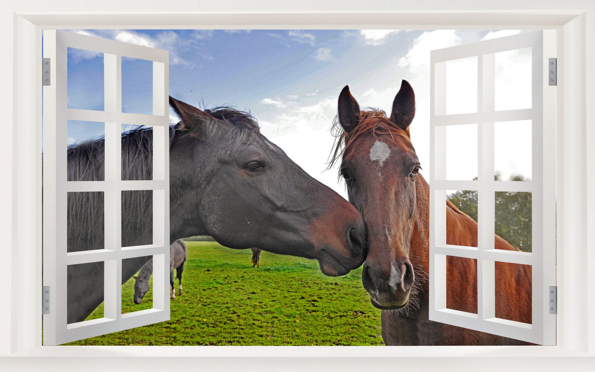 Picniva Horse Pair Pasture 3D Faux Window Wall Mural Decal, 22 x 14 in