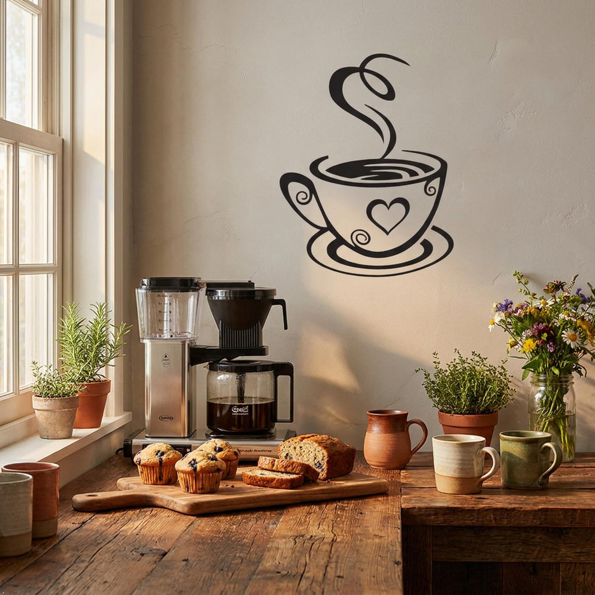Decaltor Dual Coffee Cup Vinyl Wall Decal, Black, 12 x 7 in, Home Decor