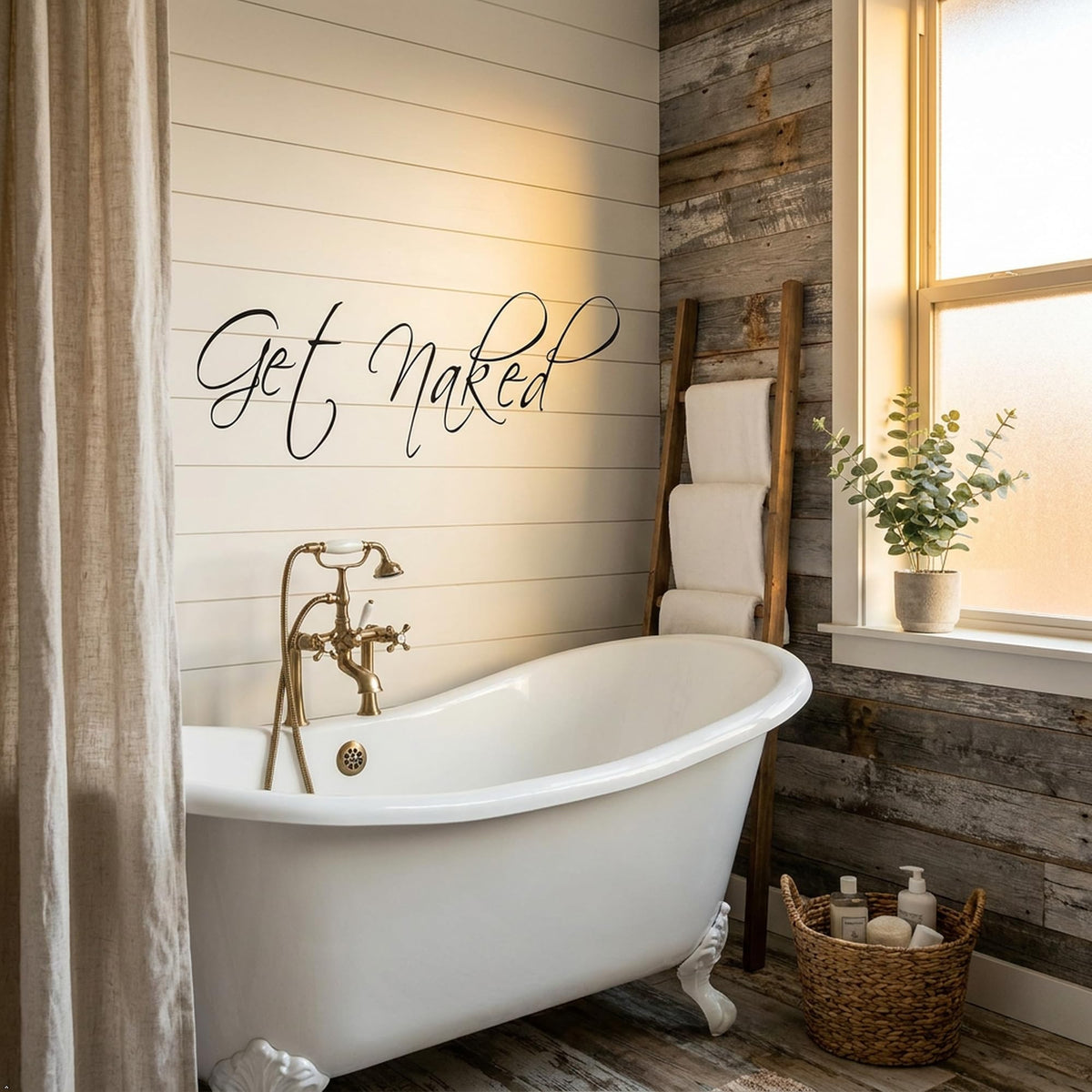 Picniva Get Naked Vinyl Bathroom Wall Decal, Black, 10 x 34 in