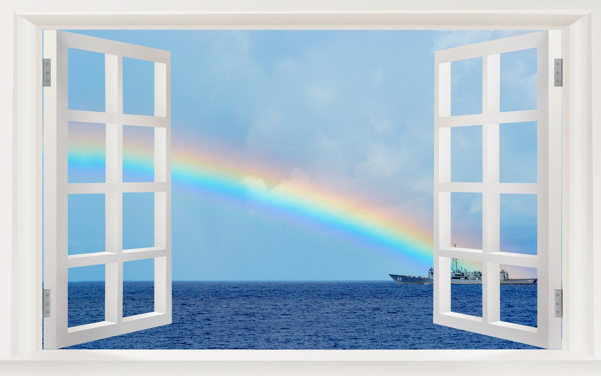 Picniva Rainbow Ship Seascape 3D Faux Window Wall Mural Decal, 22 x 14 in