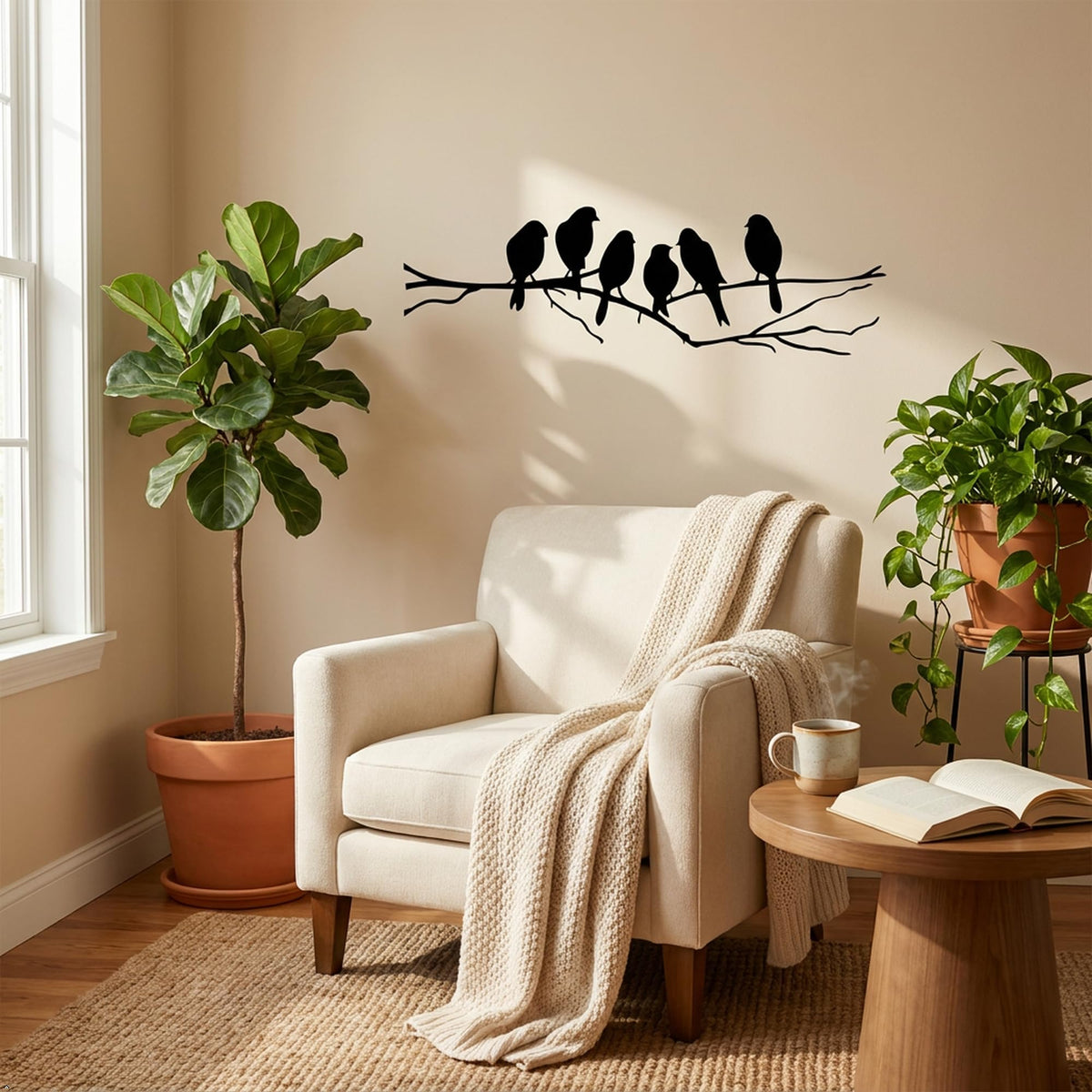 Picniva Six Birds on Tree Branch Vinyl Wall Decal, Black, 22 x 7 in