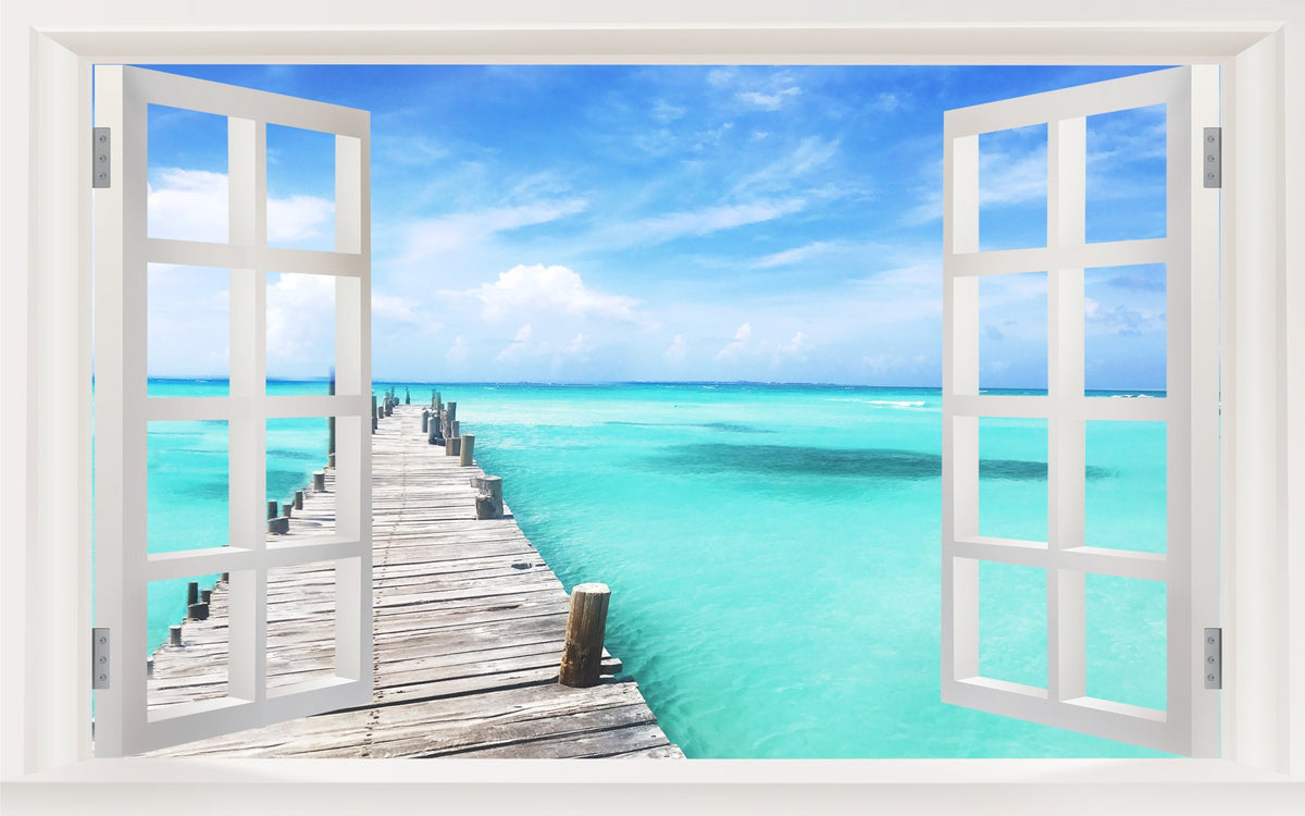 Picniva Cancun Ocean Pier 3D Faux Window Wall Mural Decal, 35 x 22 in