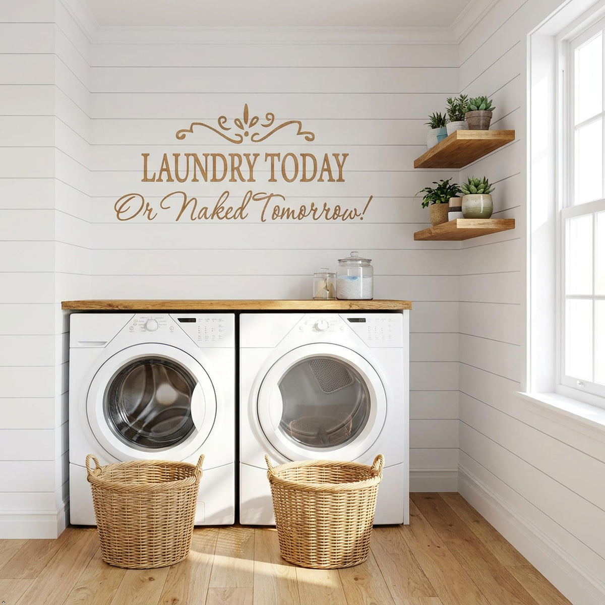 Picniva Laundry Today or Naked Tomorrow Wall Decal, White 15 x 32 in
