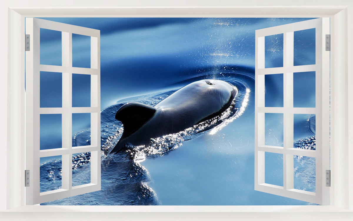 Picniva Surfacing Whale Ocean 3D Faux Window Wall Mural Decal, 22 x 14 in