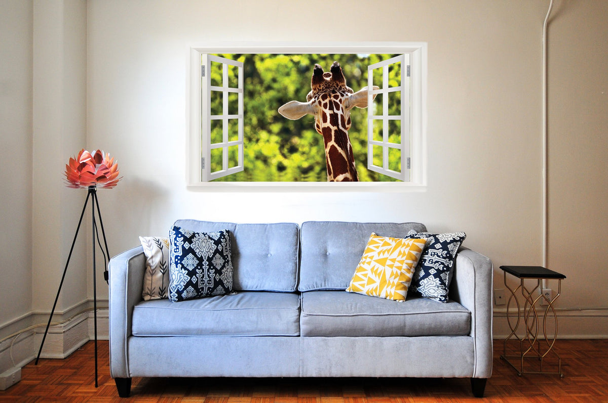 Picniva Giraffe Portrait 3D Faux Window Wall Mural Decal, 22 x 14 in