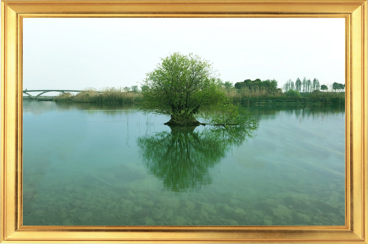 Picniva Lake Tree Faux Gold Frame 3D Wall Mural Decal, 22 x 14 in