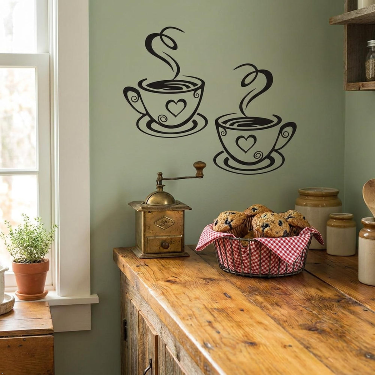 Decaltor Dual Coffee Cup Vinyl Wall Decal, Black, 12 x 7 in, Home Decor