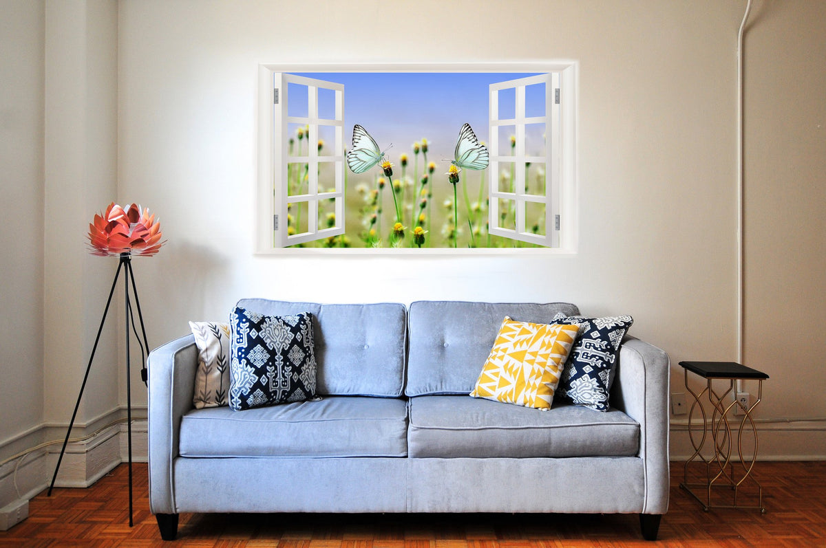 Picniva Butterflies Flower Meadow 3D Window Wall Mural Decal, 22 x 14 in