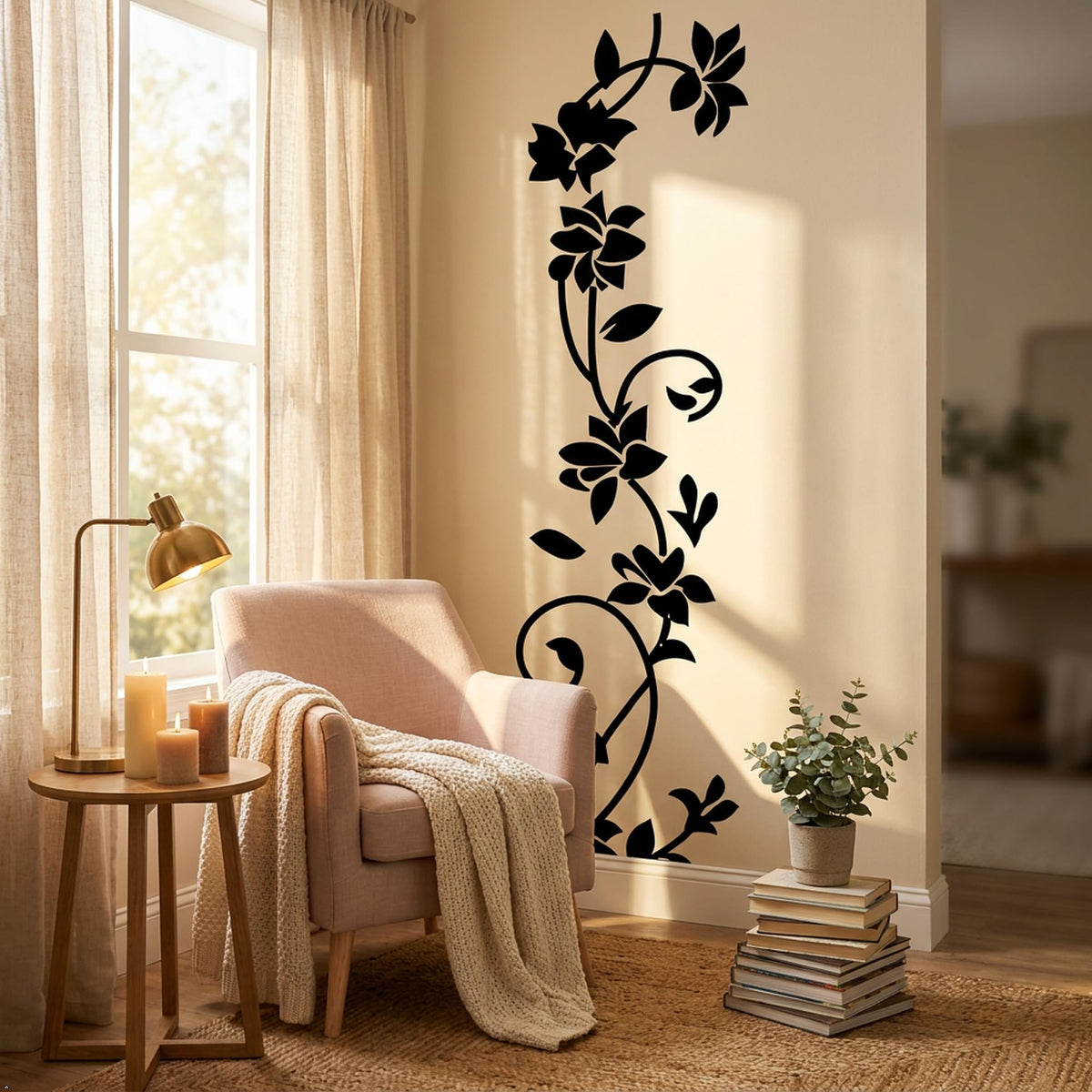 Rattan Flower Vine Wall Decal, Black, 12 x 41 in